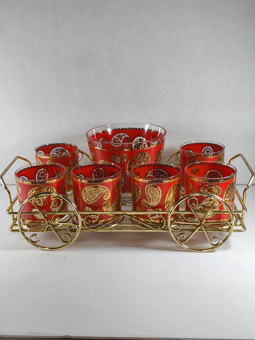 MCM Culver Ltd Red Paisley Barware Set 22K Gold 6 Glasses Ice Bucket Caddy Cart
